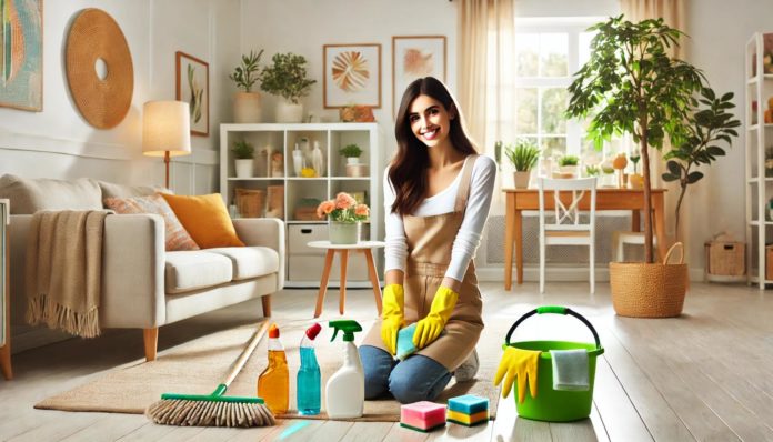 Mujer en un salón rodeada de productos de limpieza