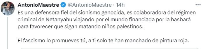 Tuit del periodista Antonio Maestre contra la tertuliana Pilar Rahola y contra su defensa de Israel