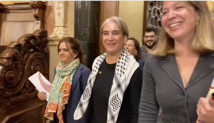 Ada Colau a su llegada al Salón de Plenos del Ayuntamiento de Barcelona para participar en la que ha sido su última sesión plenaria como concejal de Barcelona en Comú