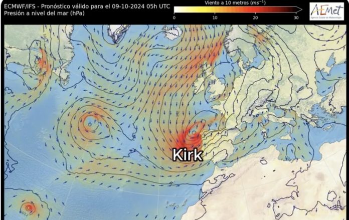 Mapa de AEMET con el huracán Kirk acercándose a España