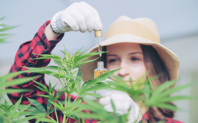 Mujer con un botecito de gotas y una planta de marihuana