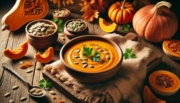 Crema de calabaza y zanahoria con semillas de calabaza, ideal para una alimentación consciente en otoño