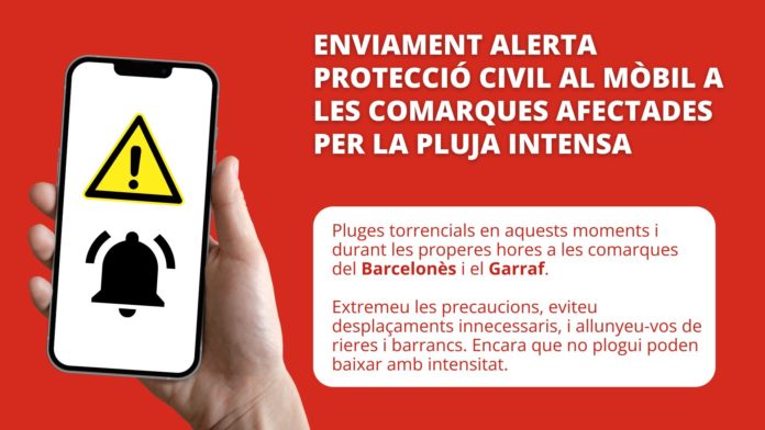 Mensaje de alerta enviado por Protección Civil a los residentes del Garraf y el Barcelonés ante la previsión de lluvias torrenciales