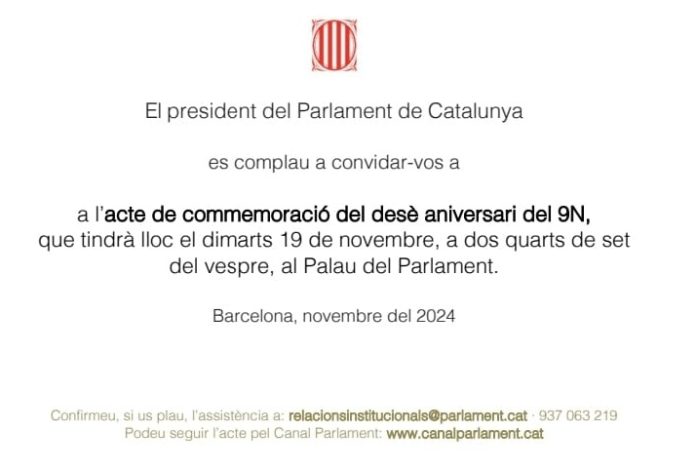 Invitación del presidente del Parlament, Josep Rull, para el acto de conmemoración del décimo aniversario de la celebración de la consulta ilegal del 9 de noviembre de 2014.