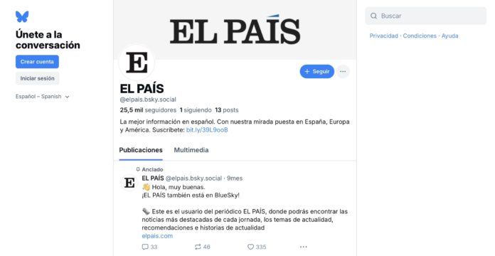 Captura de pantalla del perfil de El País en la plataforma Bluesky