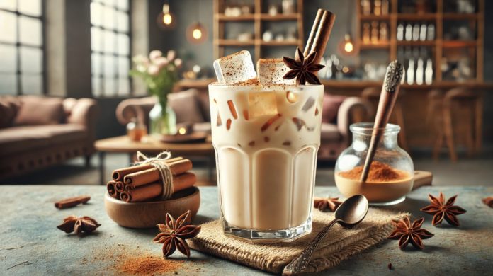 Iced chai latte en un vaso alto con hielo, decorado con canela y anís estrellado, servido en un ambiente acogedor.