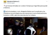 Mensaje publicado por el Ministerio de Defensa en X con una captura de pantalla del enfrentamiento entre Margarita Robles y afectados por la DANA de Paiporta.