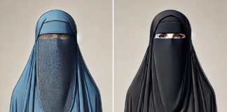 Una mujer con un burka azul y otra con un niqab negro.