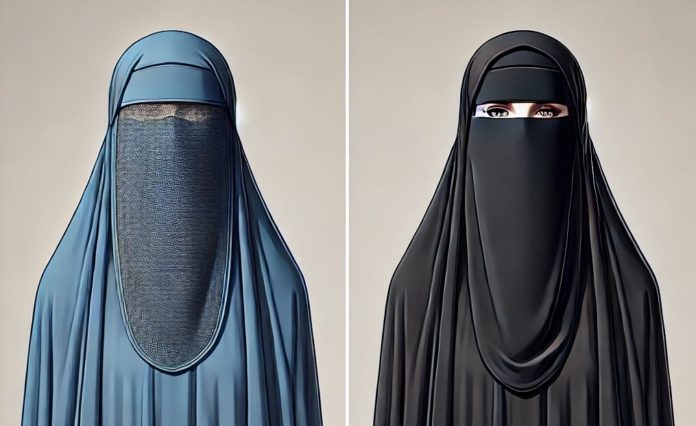 Una mujer con un burka azul y otra con un niqab negro.