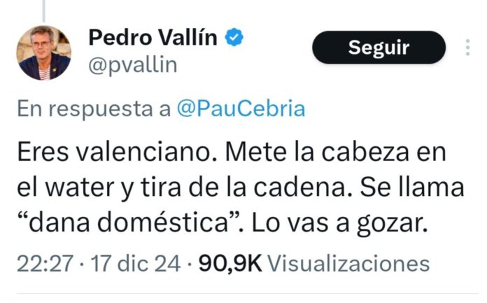 Mensaje publicado por el articulista de La Vanguardia Pedro Vallín diciéndole a un valenciano que meta la cabeza en el water para experimentar una dana doméstica.