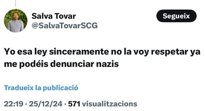 Mensaje contra la Ley de Política Lingüística publicado por el concejal de Santa Coloma de Gramanet Salva Tovar en su perfil de X y llamando 