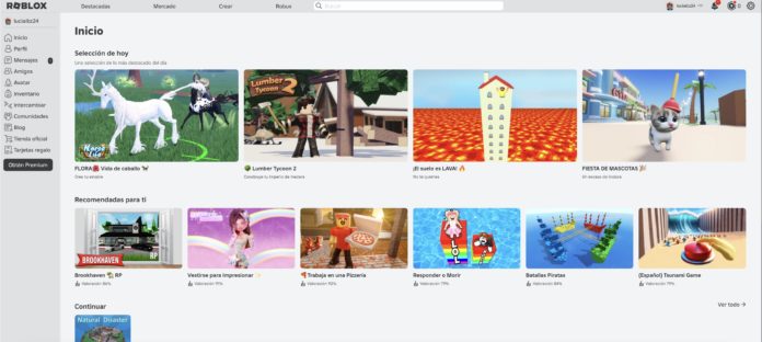 Pantalla de inicio de la plataforma de juegos online Roblox.