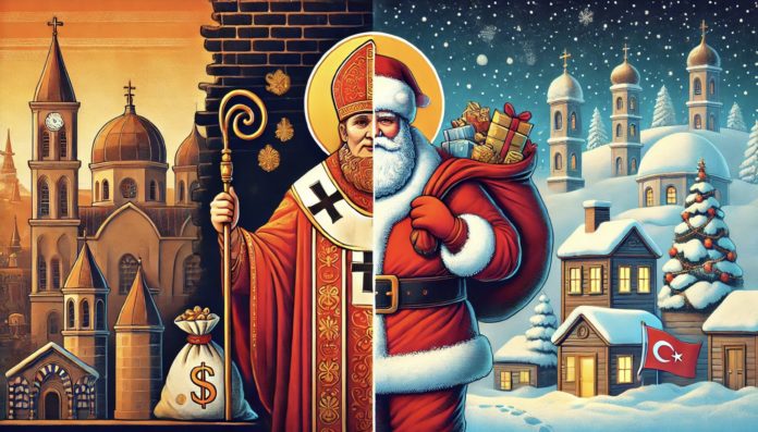 Ilustración de San Nicolás y Santa Claus: un obispo generoso convertido en el ícono navideño moderno.