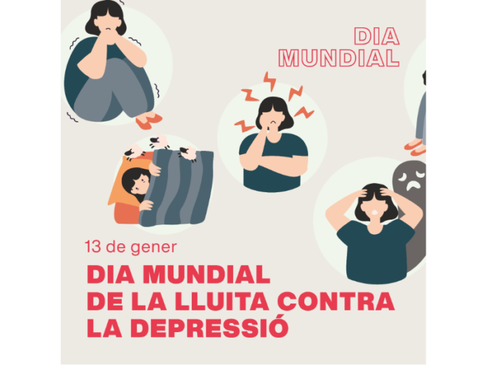 Cartel del Día Mundial de la Lucha contra la Depresión en el que se observa una figura femenina en diferentes posturas.