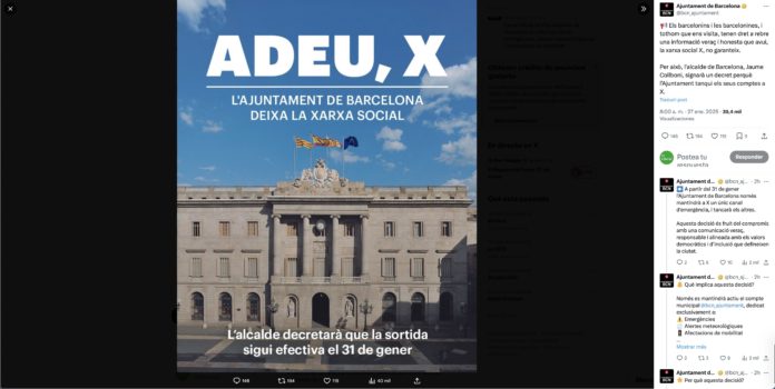 Vista del mensaje publicado por el Ayuntamiento de Barcelona en X para anunciar que abandona esta red social.