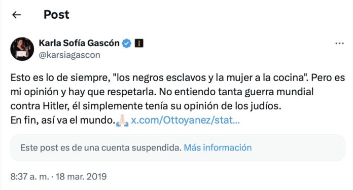 Un mensaje a favor de Hitler publicado por la actriz trans Karla Sofía Gascón.