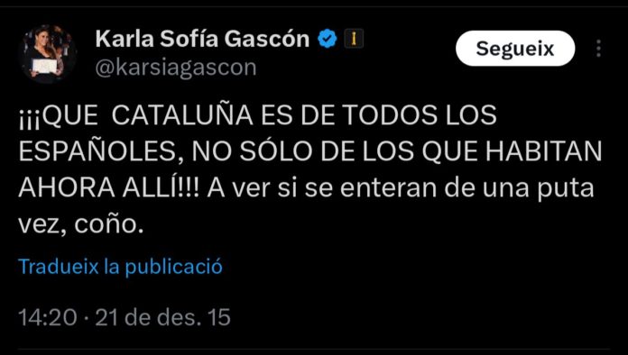 Vista de uno de los mensajes publicados en X por la actriz trans Karla Sofía Gascón contra los separatistas catalanes.