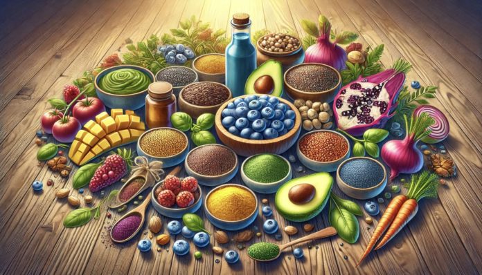 Ilustración vibrante de superalimentos como chía, cúrcuma, aguacate, arándanos, quinoa y espirulina, dispuestos sobre una mesa de madera con un estilo saludable y natural.